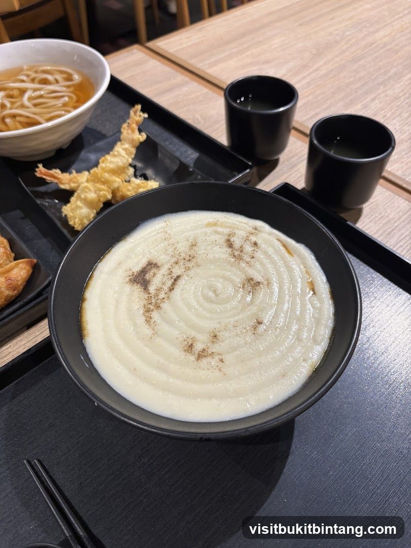 Creamy Soup with Tempura and Udon Noodles