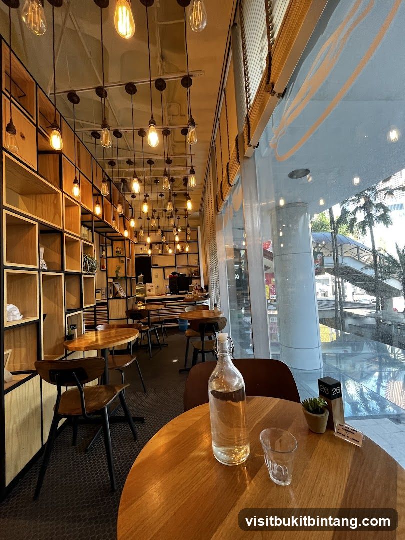 Cafe Interior with Wooden Shelving and Pendant Lights