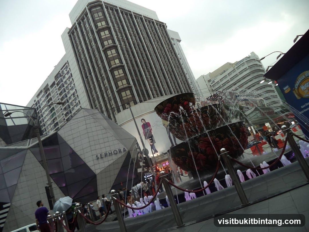 Outdoor fountain and building facade