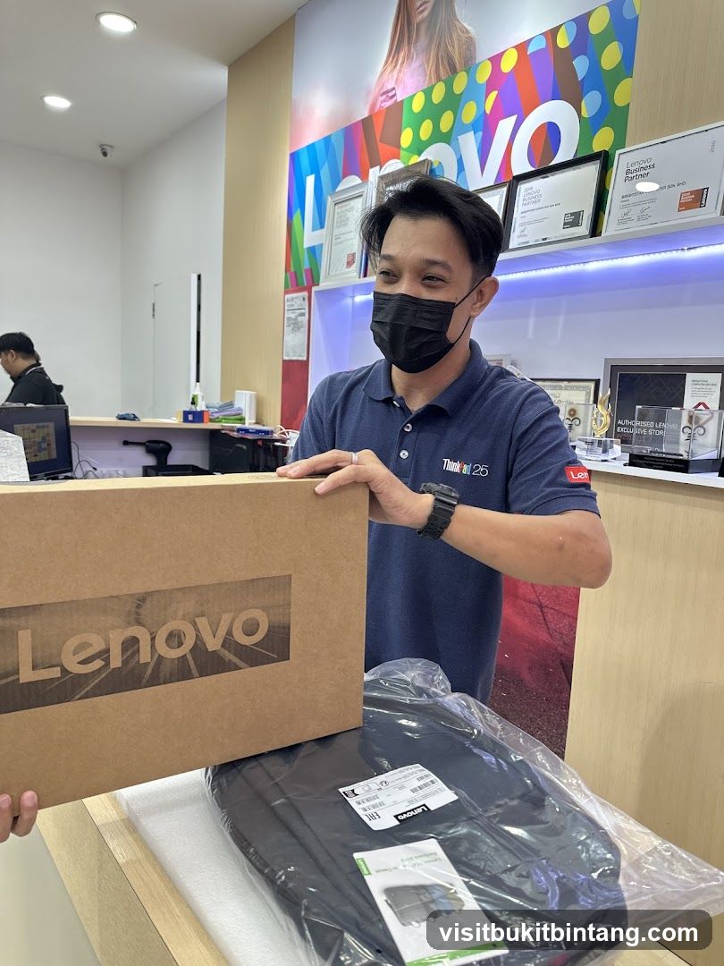 Lenovo Store Employee with Laptop Box
