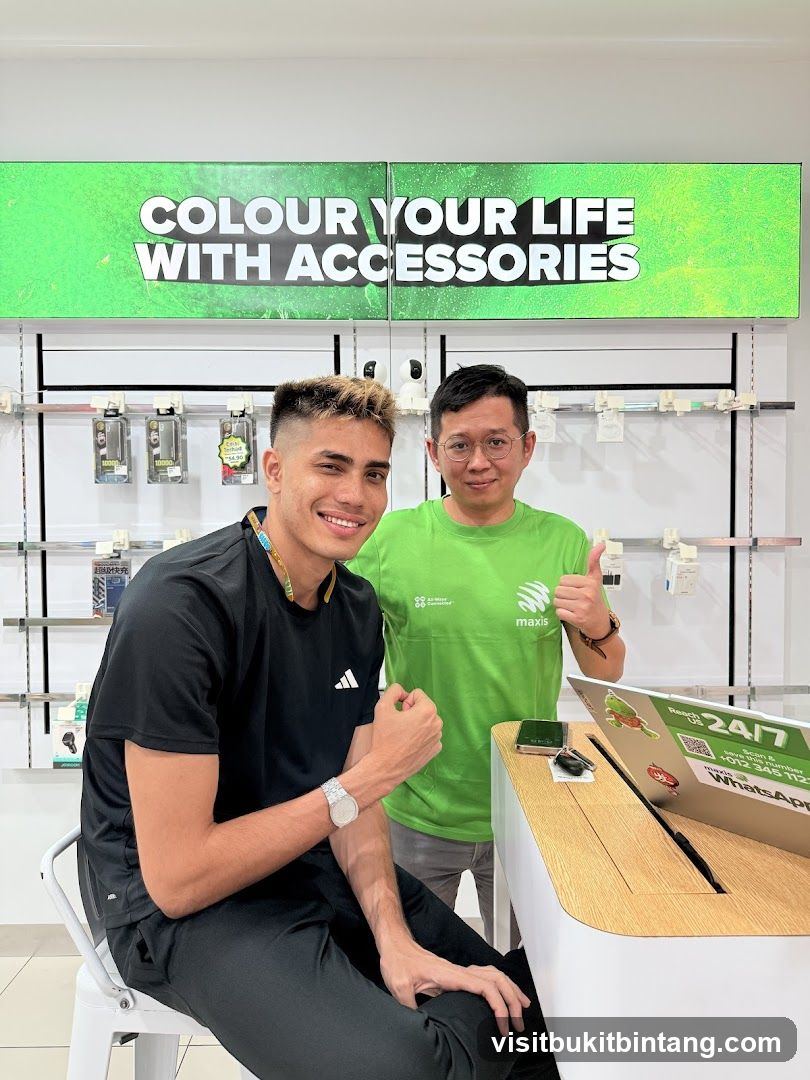 Two men in a store with a promotional sign