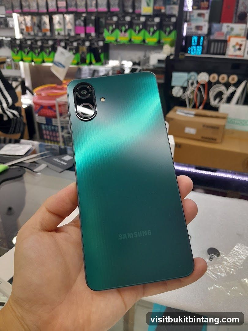 Hand holding a green Samsung smartphone