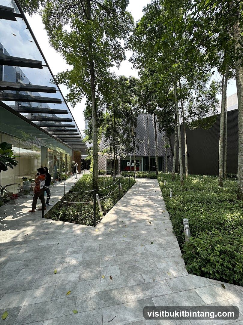 Outdoor walkway with trees and modern architecture