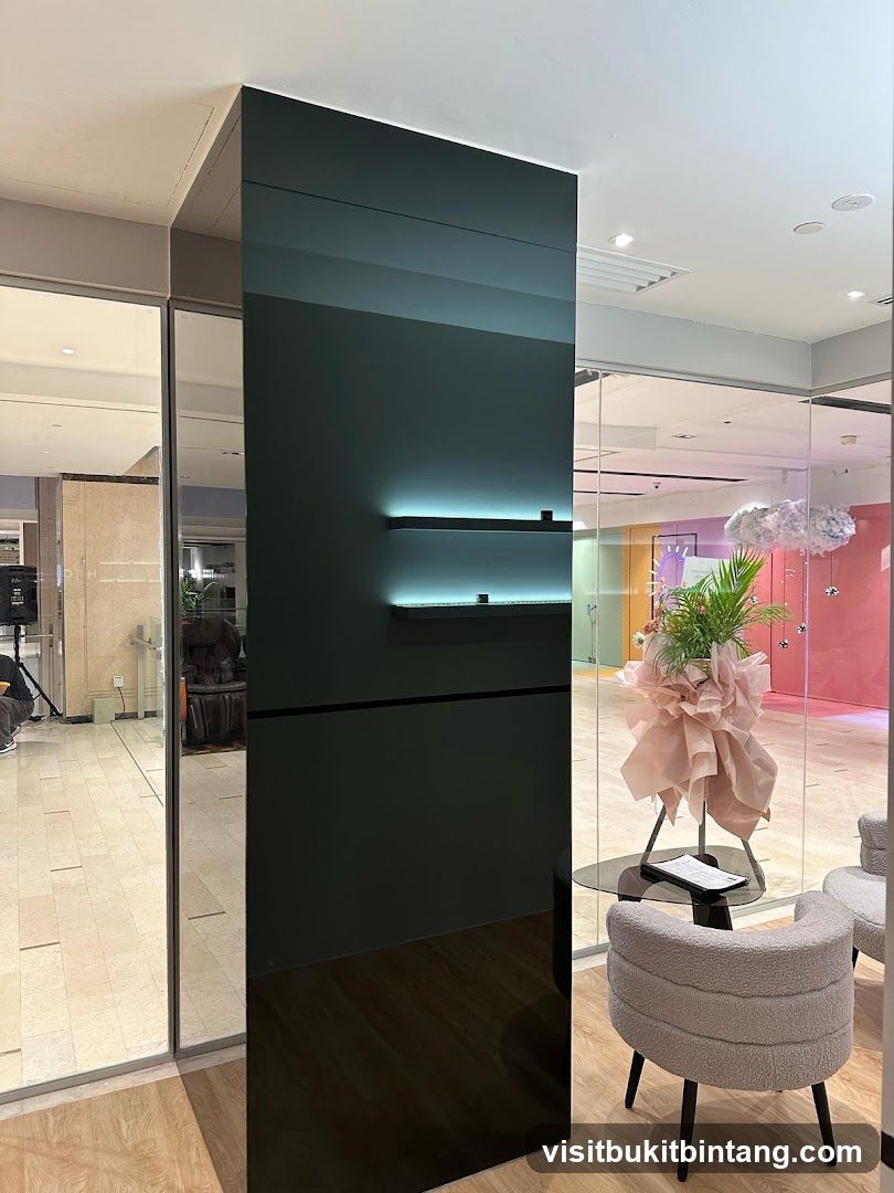Modern Interior with Mirrored Pillar and Seating Area