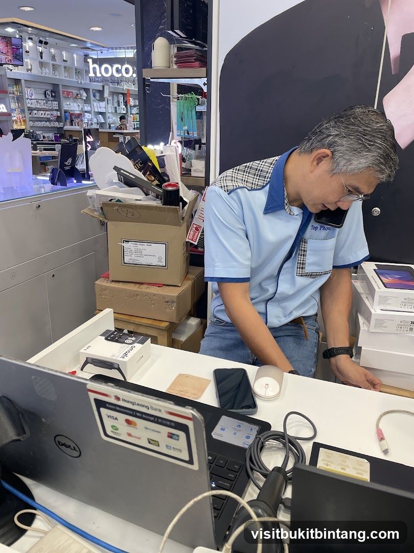 Man on the phone at a store counter