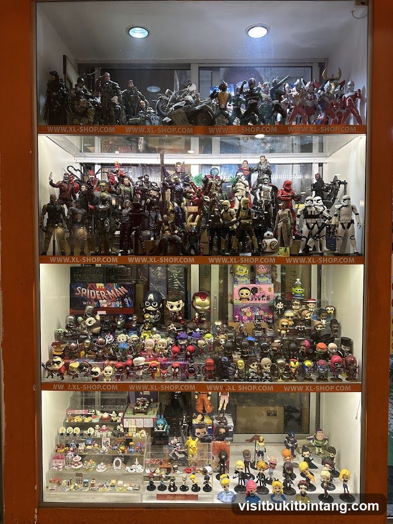 Display case with action figures and collectibles