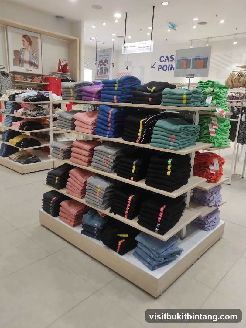 Folded T-shirts on display shelves