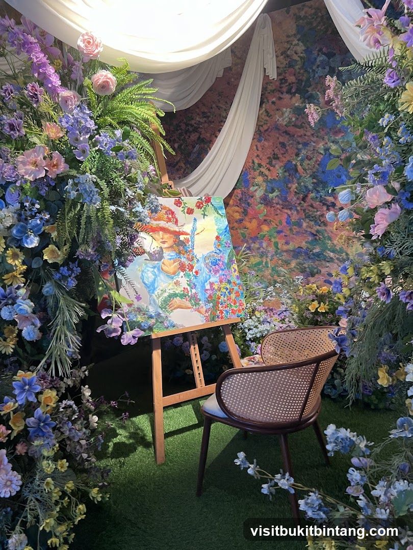 Artistic floral display with painting and chair