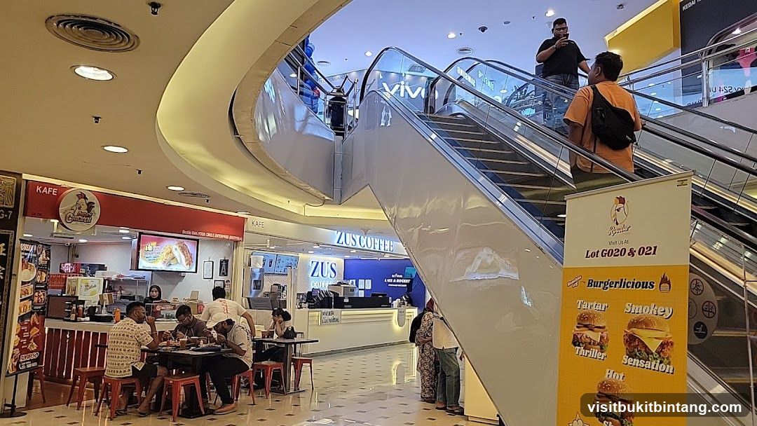 Mall Interior with Food Stalls and Escalators