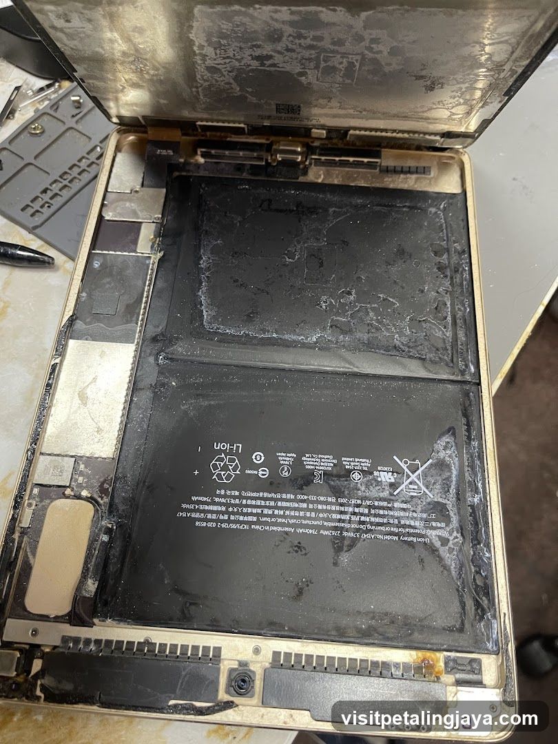 Disassembled Laptop with Damaged Battery