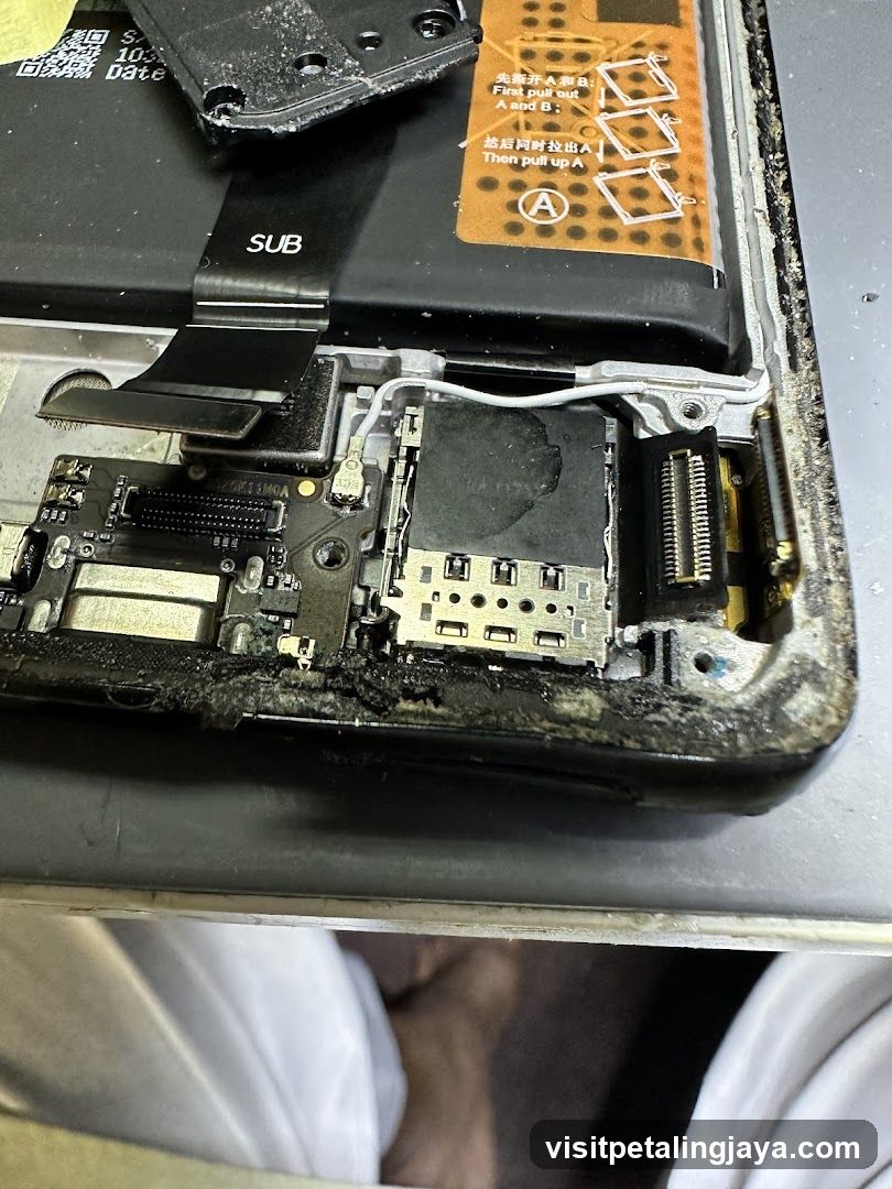 Disassembled Smartphone with Damaged Battery and Circuitry