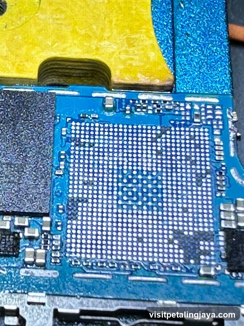 Close-up of electronic circuit board with solder balls