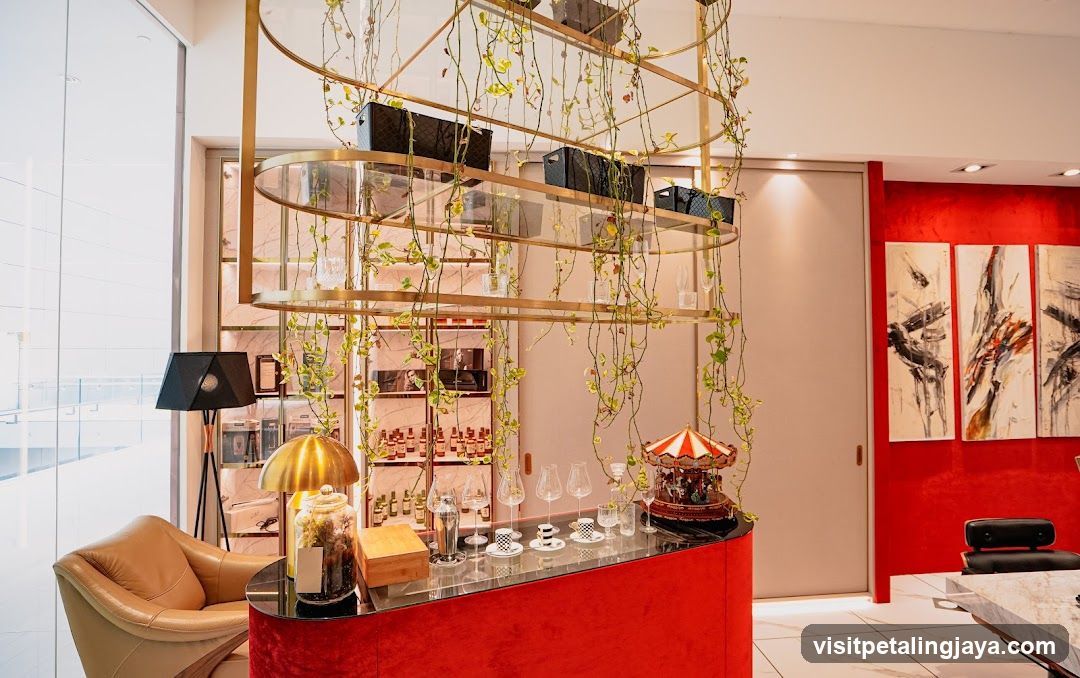 Interior Bar Area with Red Accent Wall and Hanging Plants
