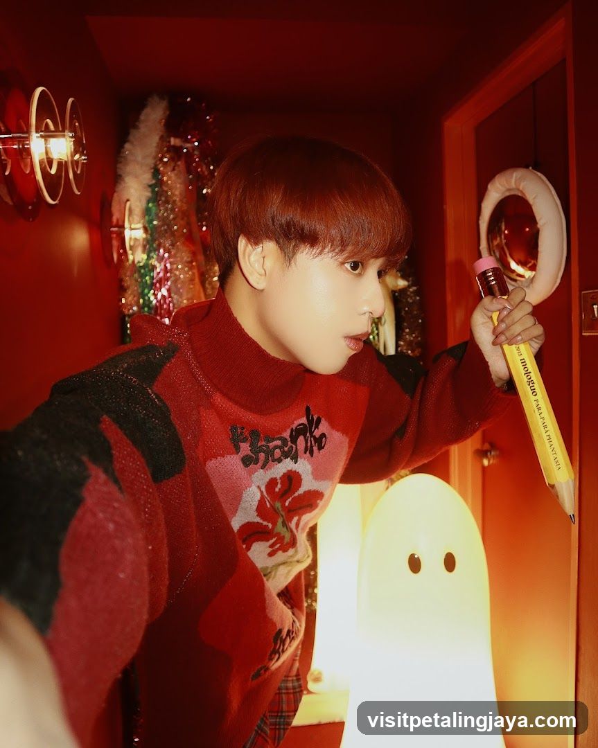 Red-themed interior selfie with pencil prop