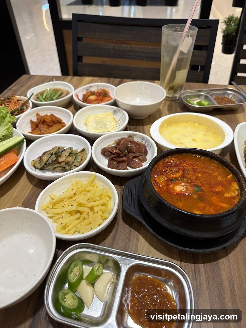 Korean Table Setting with Side Dishes and Stew