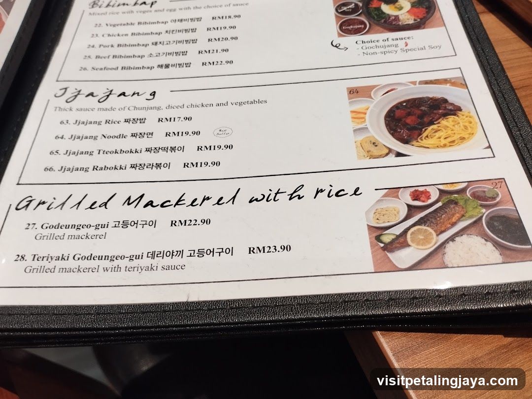 Bibimbap, Jjajang, Grilled Mackerel with rice menu