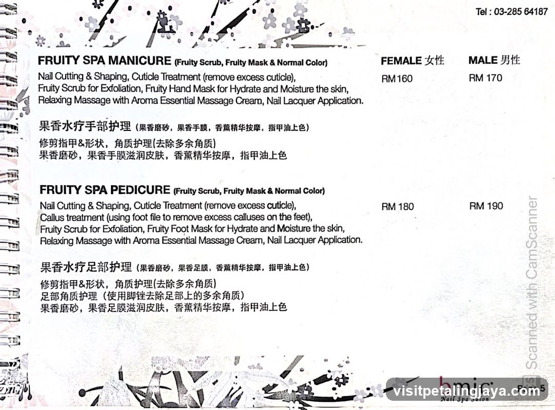 Fruity Spa Menu