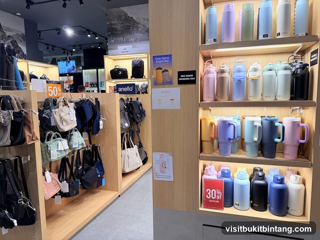 Store Display of Bags and Water Bottles