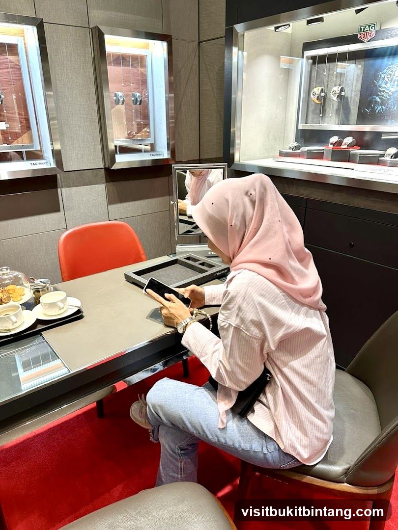 Woman browsing phone in a watch store