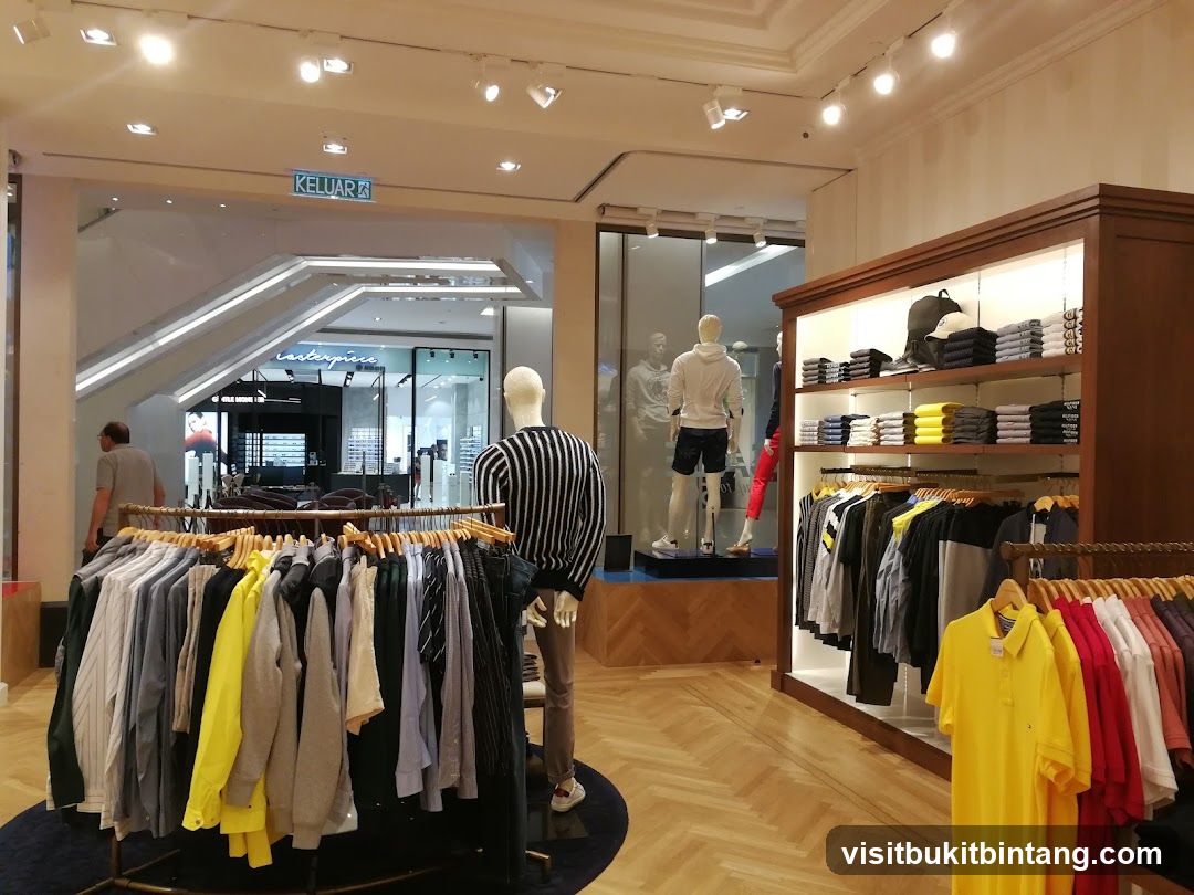 Clothing store interior with mannequins and apparel displays