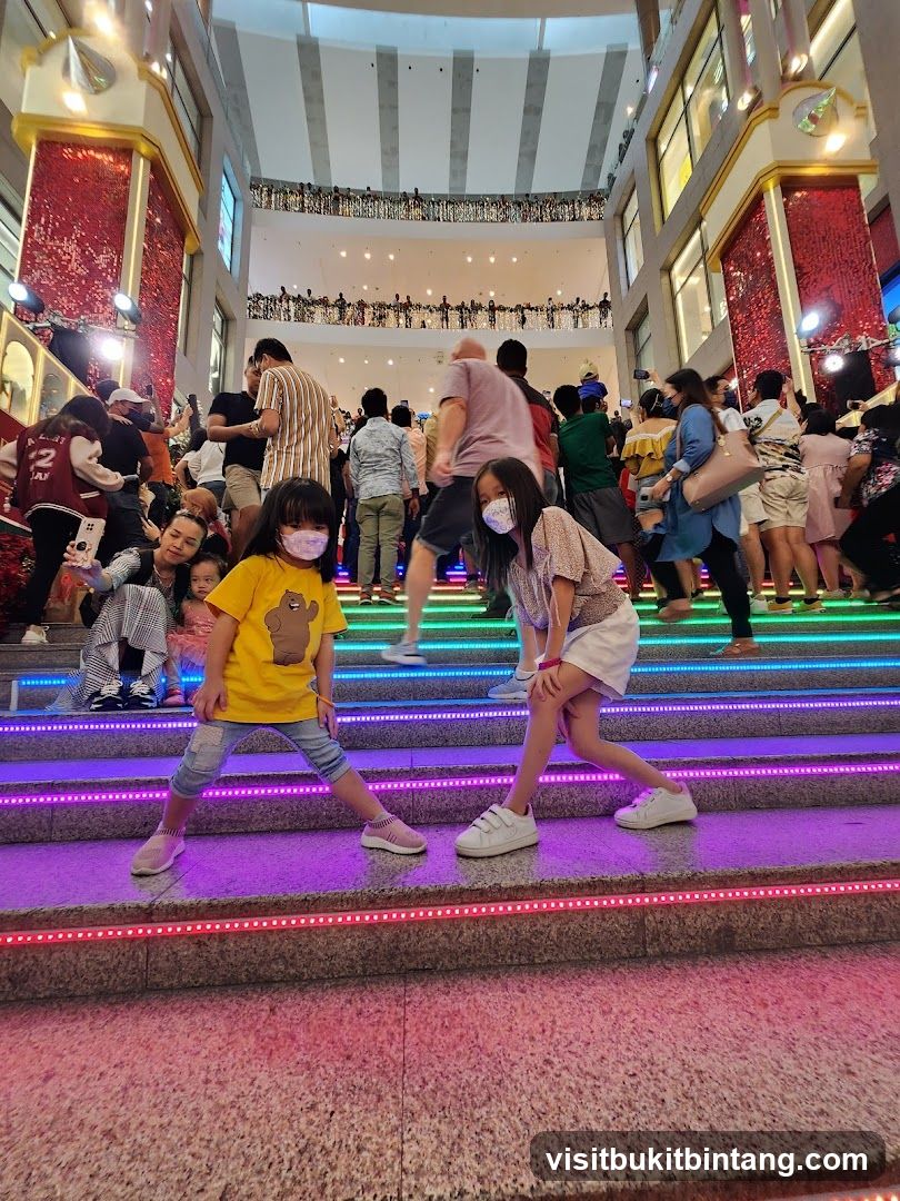 People on illuminated stairs in a mall