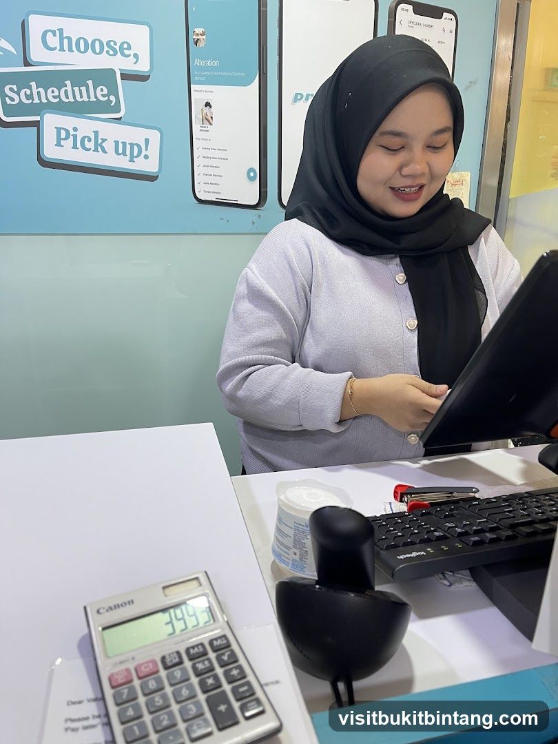 Counter with calculator and woman