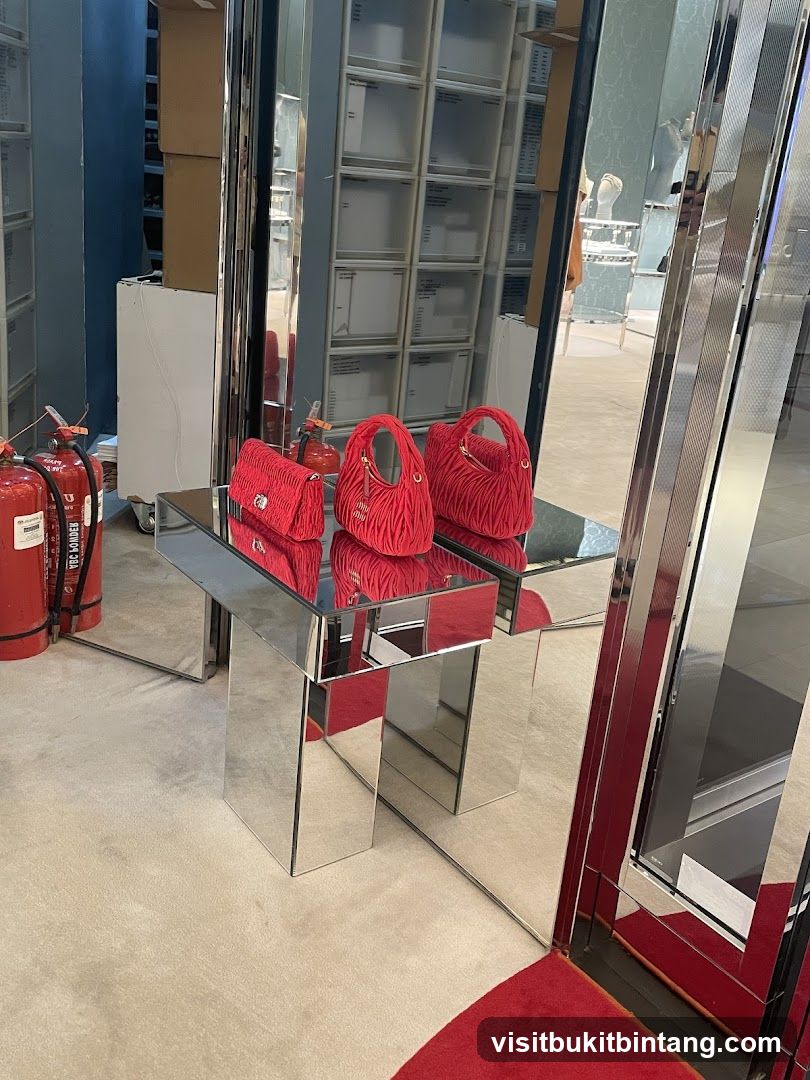 Red Handbags on Mirrored Table