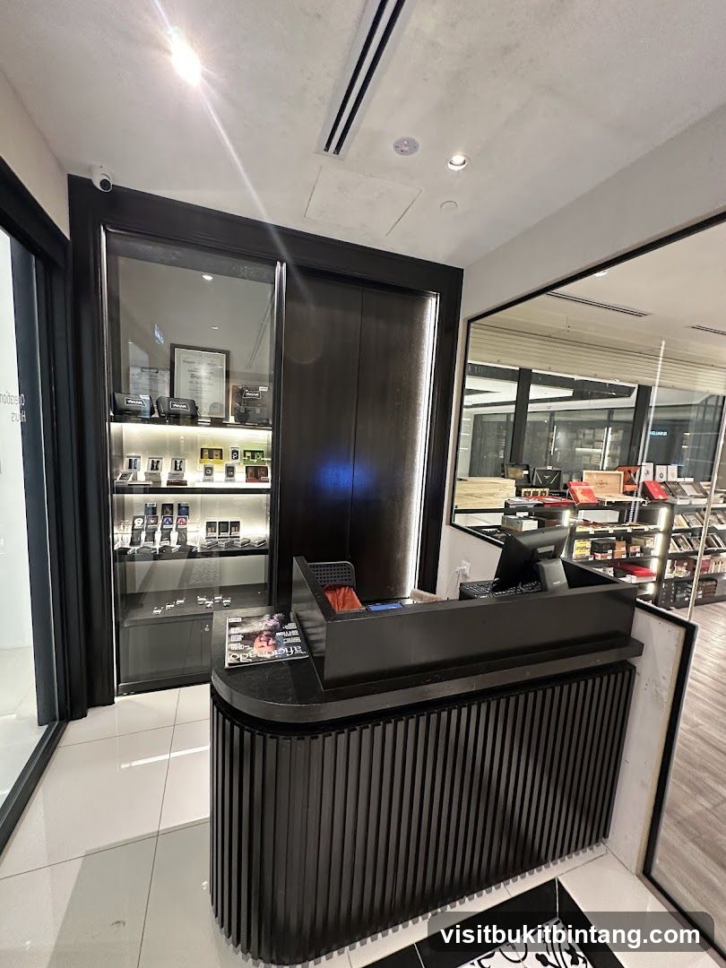 Store interior with display cases and reception desk