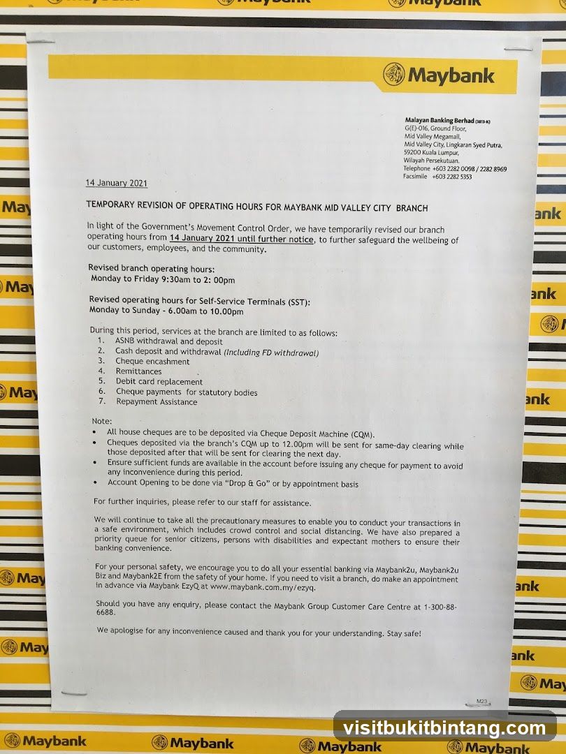 Maybank Mid Valley City Branch Temporary Revision of Operating Hours