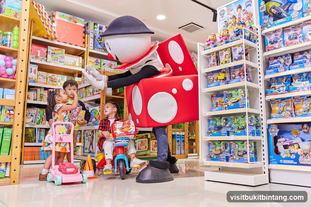 Mascot interacting with children in a toy store