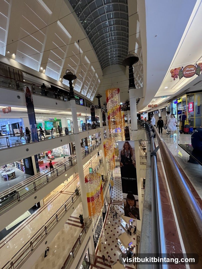 Multi-level shopping mall interior with festive decorations