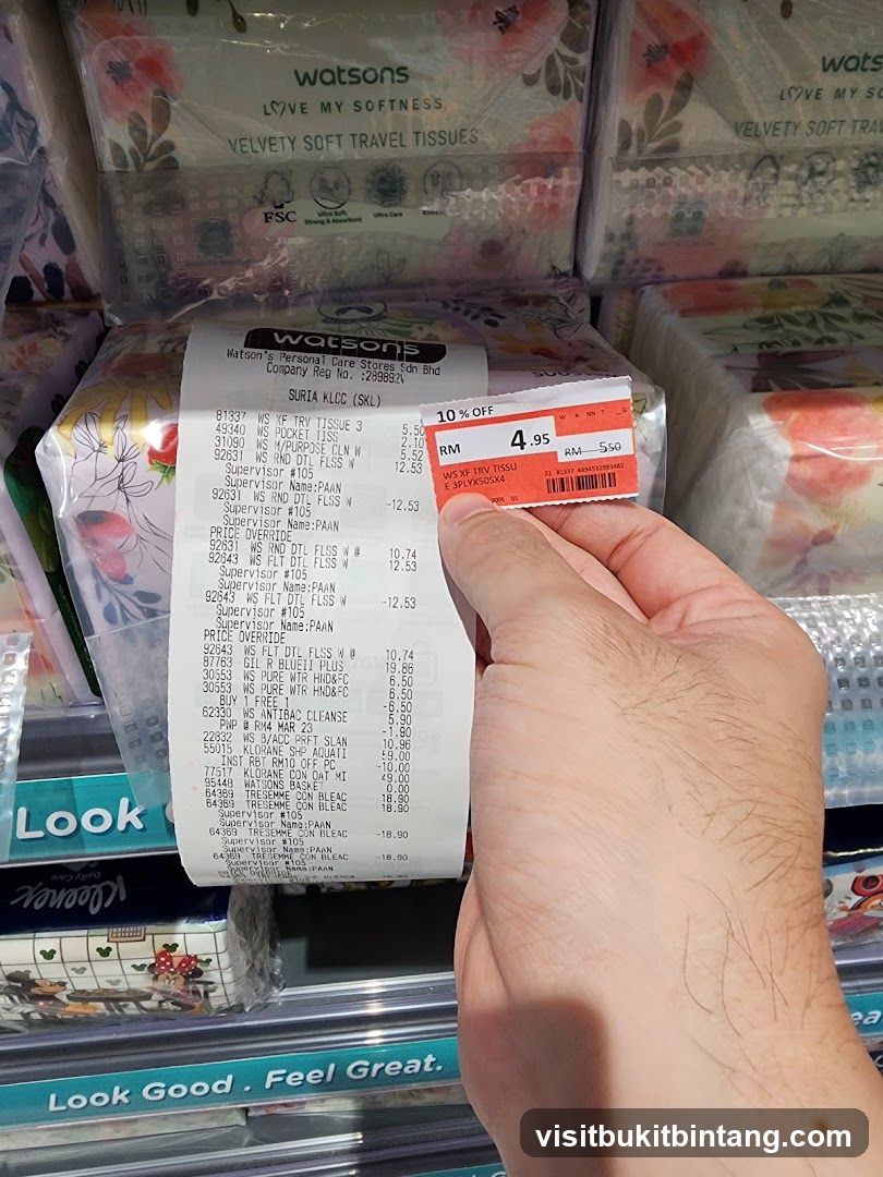 Watsons Receipt and Product Display