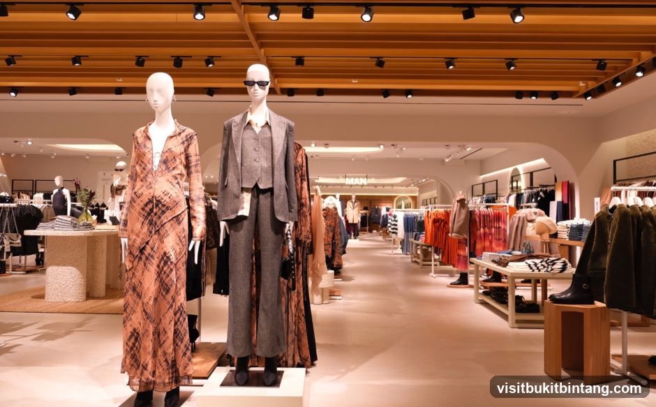 Clothing store interior with mannequins and apparel displays