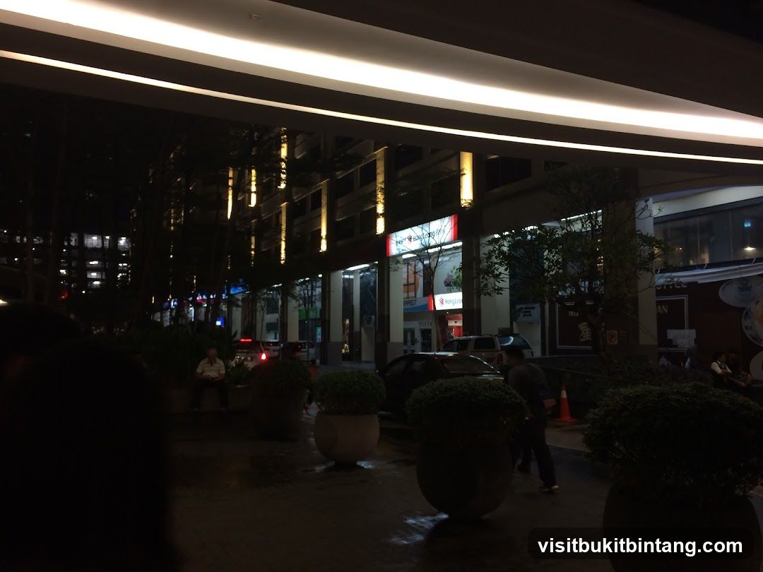 Nighttime street view with illuminated buildings and trees
