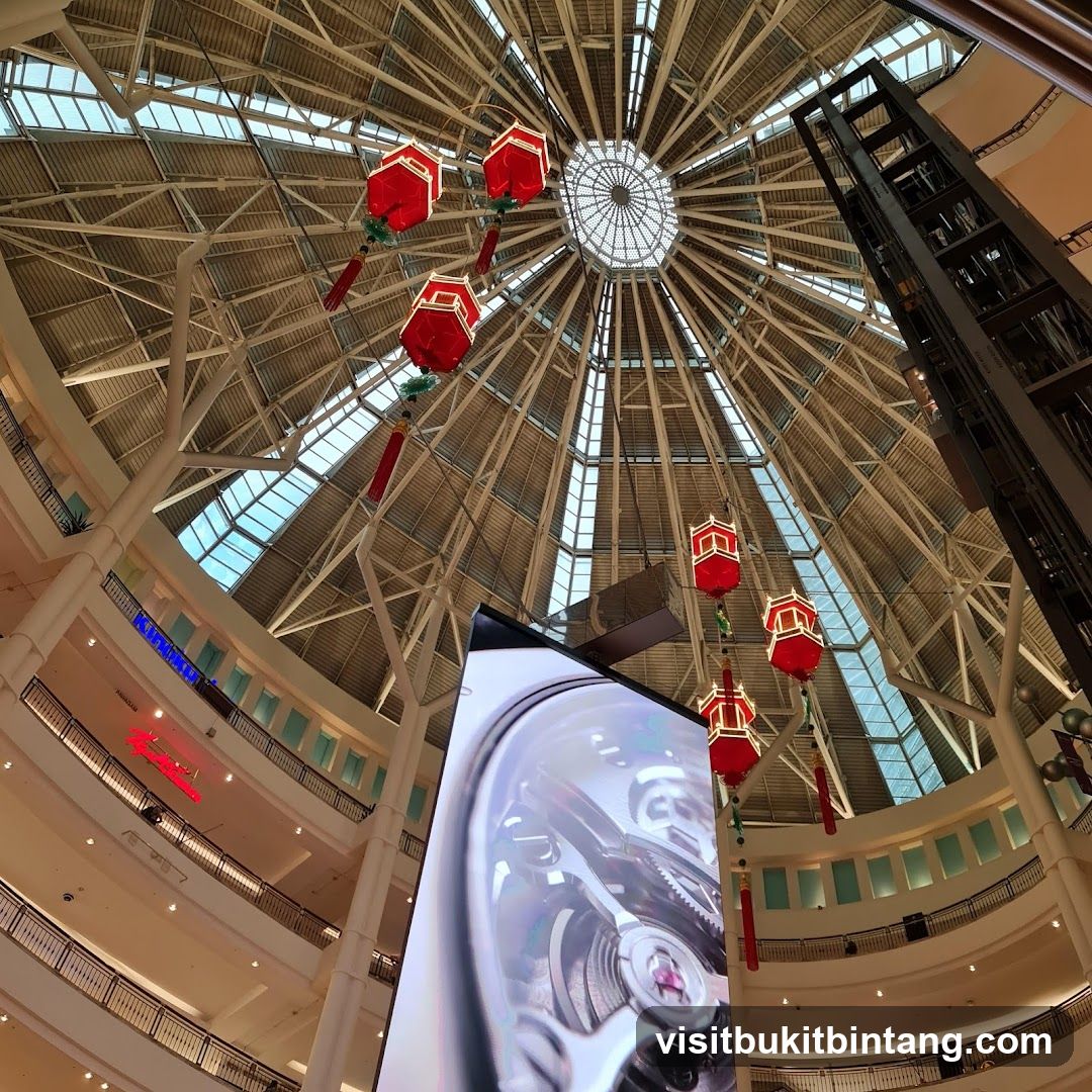 Interior of a large building with a domed ceiling and red lanterns
