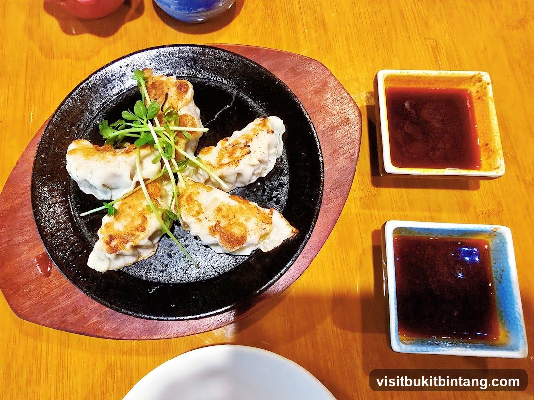 Pan-fried dumplings with dipping sauce