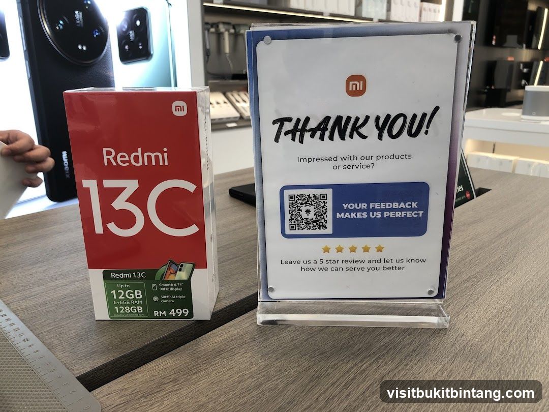 Redmi 13C Product Box and Feedback Sign