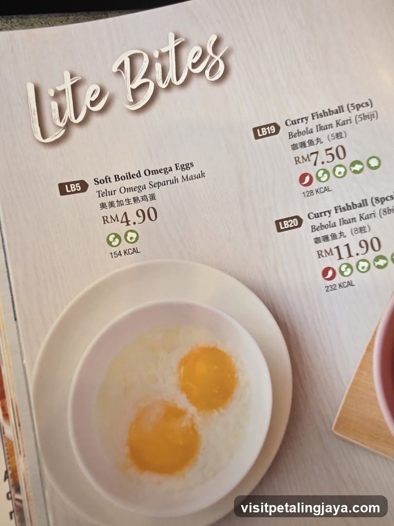 Lite Bites Menu Page with Soft Boiled Eggs and Curry Fishball