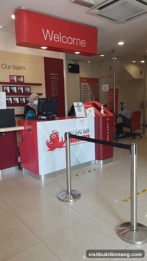 Bank interior with welcome sign