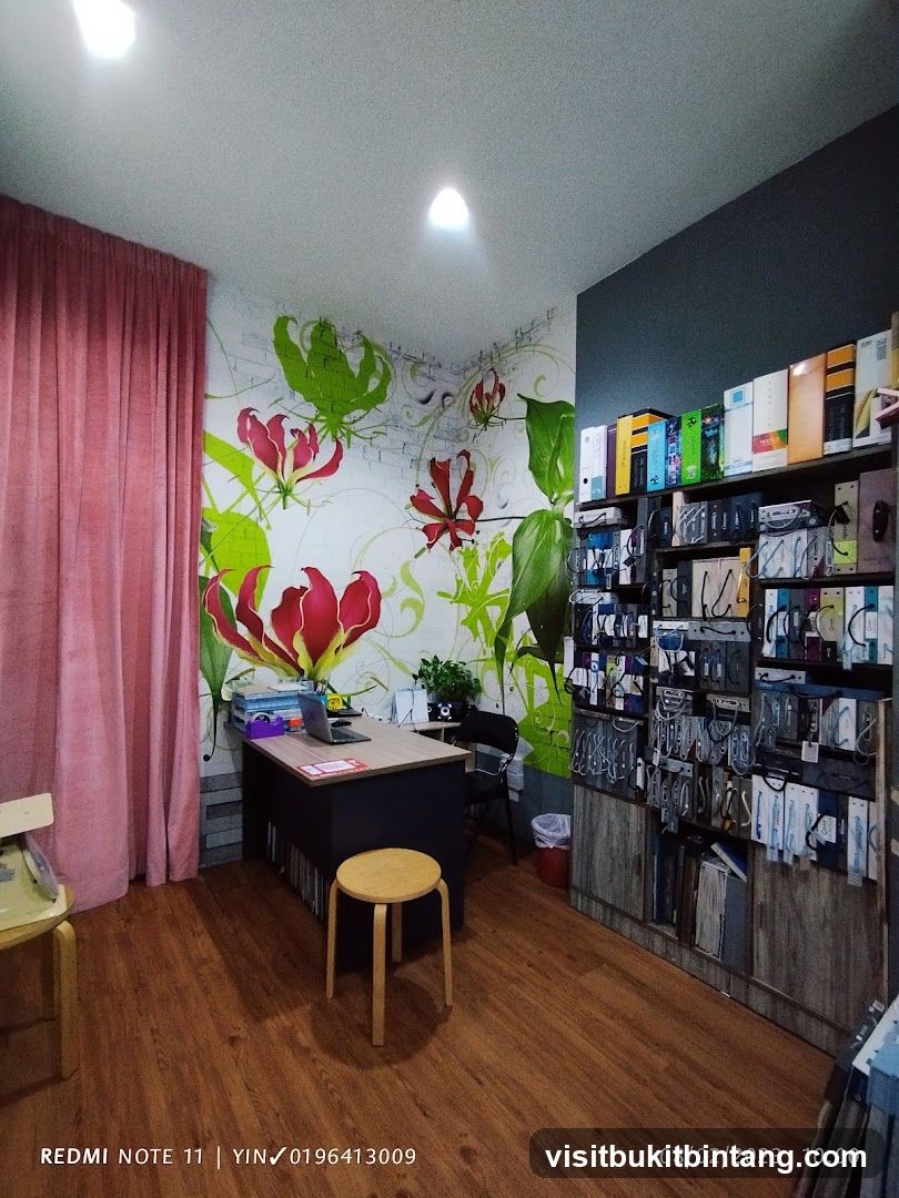 Office Interior with Floral Mural and Shelving