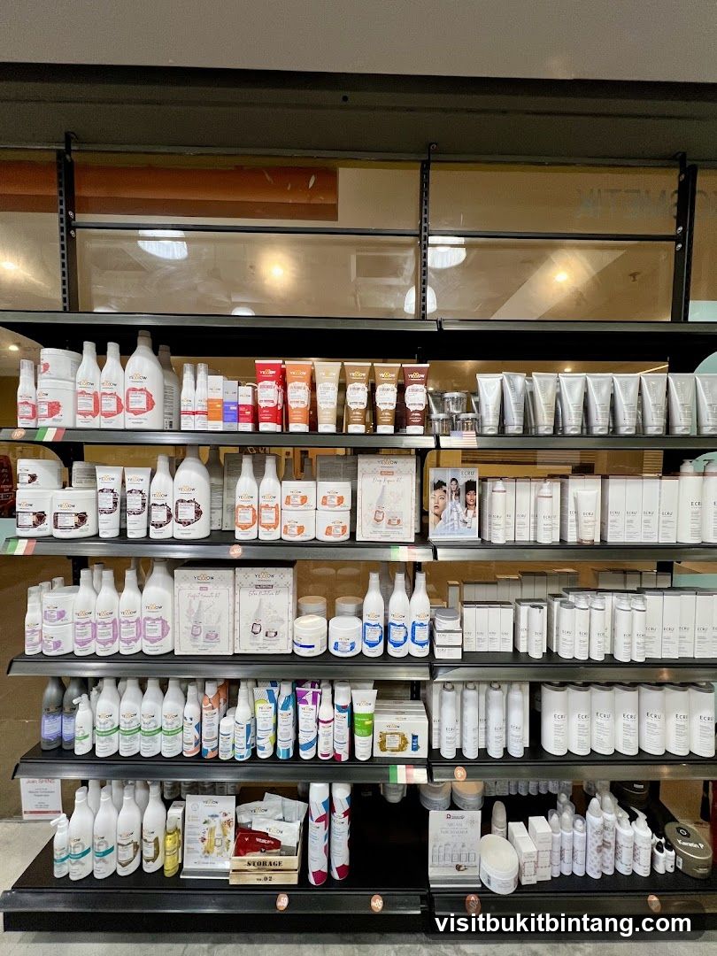 Shelves stocked with beauty products
