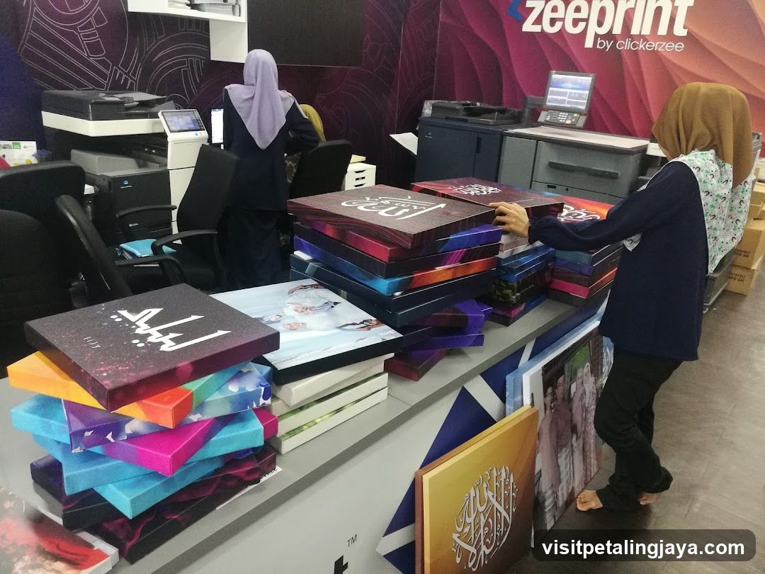 Print Shop Interior with Staff Arranging Printed Materials