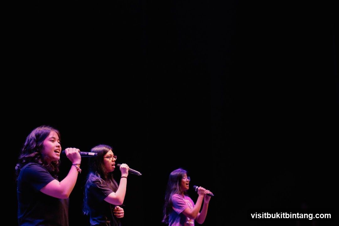 Three girls singing into microphones on stage