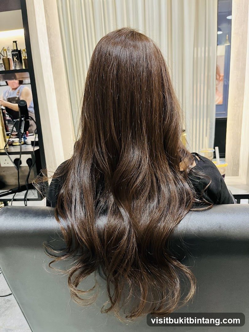 Woman with long brown hair in a salon