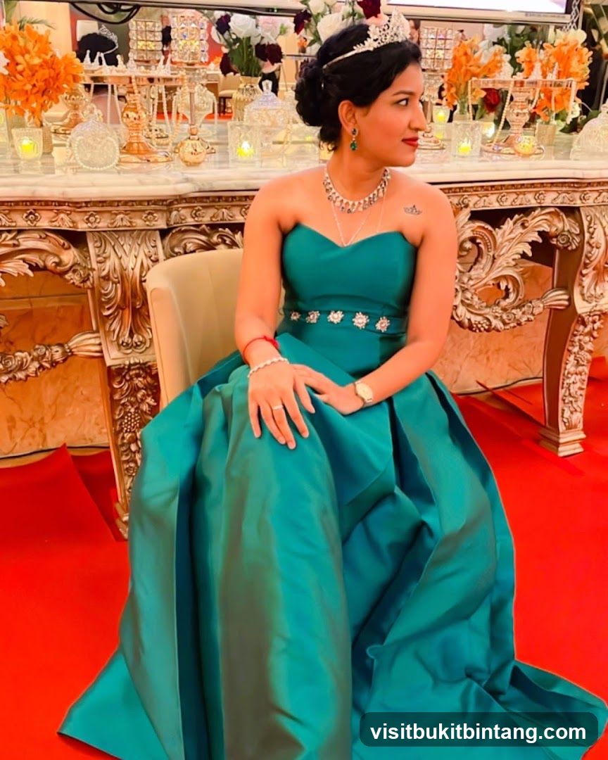 Woman in a Teal Gown at a Formal Event