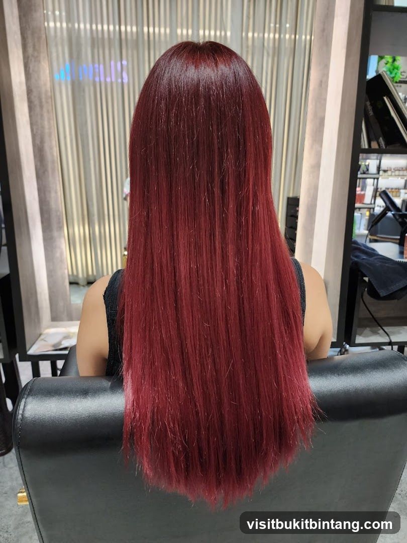 Woman with long, dark red hair