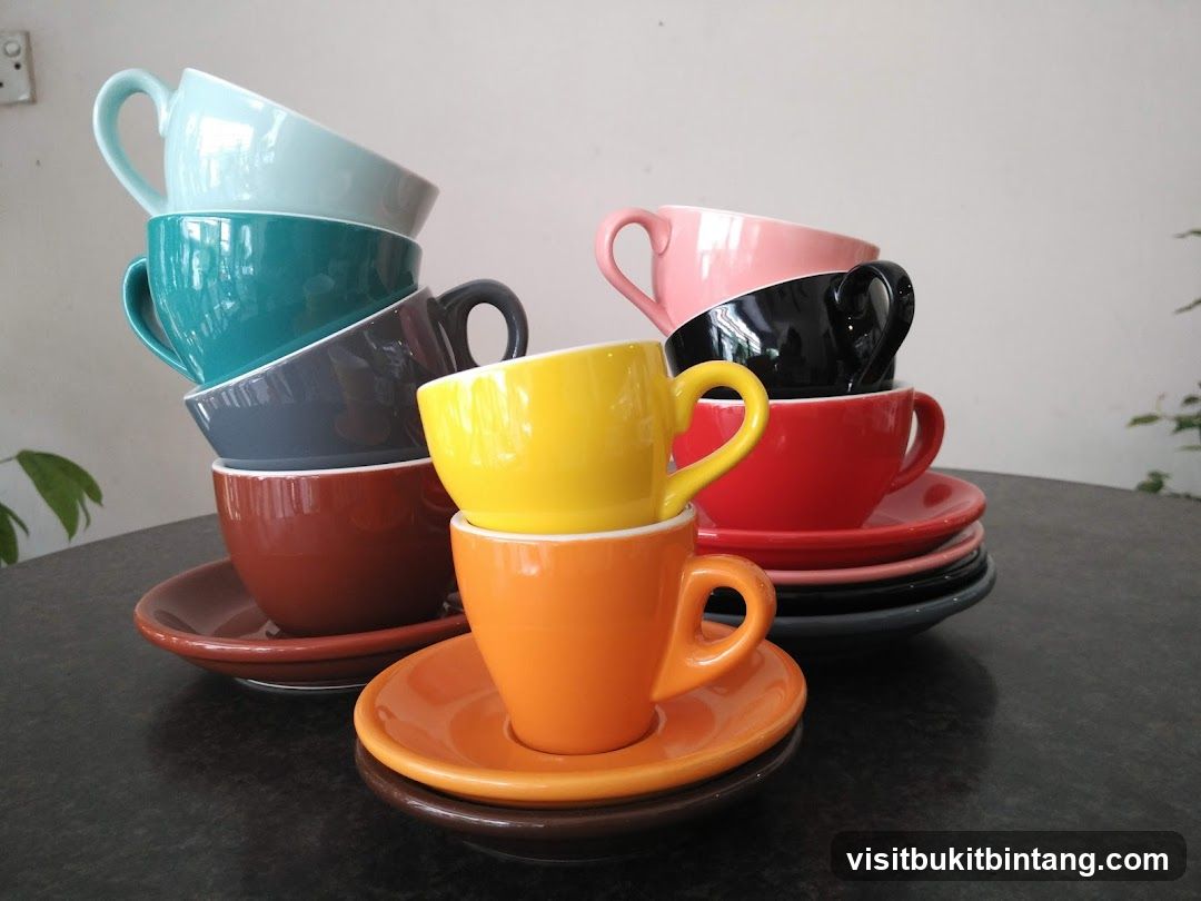 Colorful Coffee Cups and Saucers