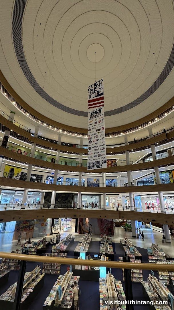 Interior of a multi-level shopping mall with a banner for a model car show