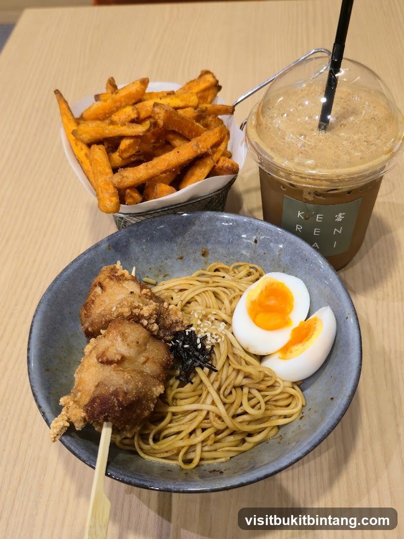 Noodles with Fried Chicken and Sweet Potato Fries