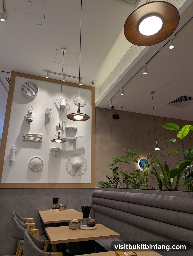 Restaurant Interior with Decorative Wall and Plants